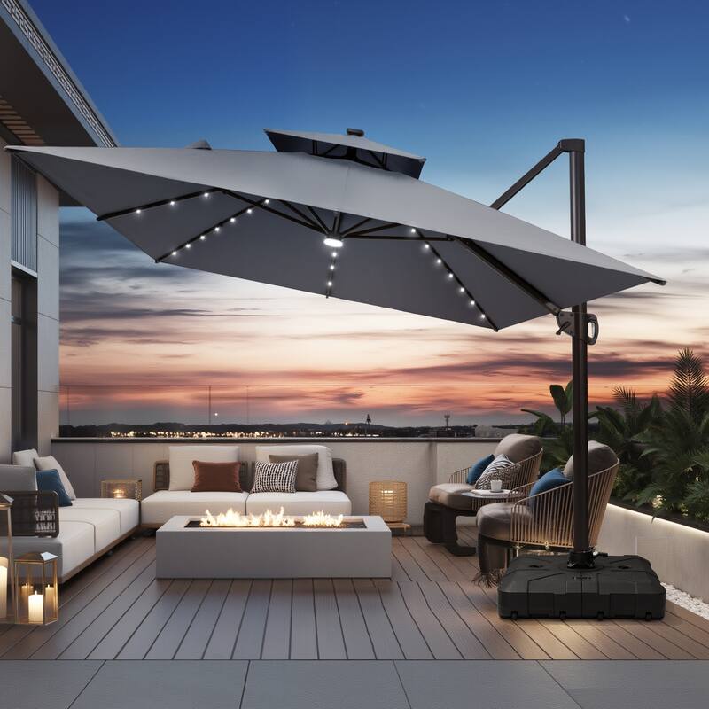 10X13 FT Outdoor Cantilever Patio Umbrella Solar LED Light with Wheel Base