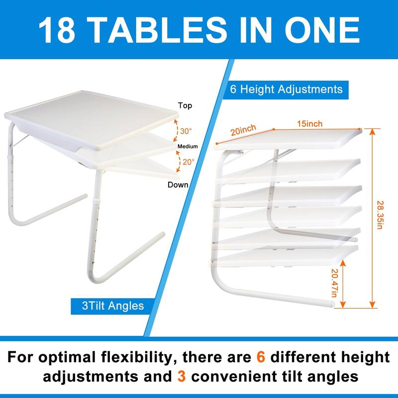 White Foldable TV Tray Table with Adjustable Angles and Lightweight Portable Desktop for Home