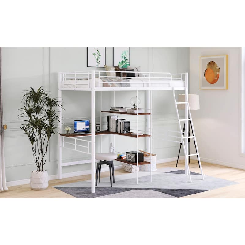 Twin Size Metal Loft Bed and Built-in Desk and Shelves for Kids, Boys and Girls