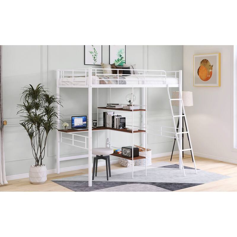 Twin Size White Metal Loft Bed with Built-in Desk & Shelves – Space-Saving Design
