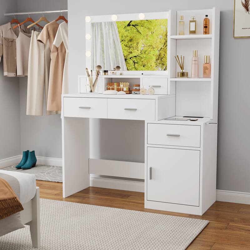Vanity Desk with 3 Colors Lighting Mirror, Maekup Vanity Table Dressing Table with Storage Drawers and Shelves, LED Makeup Desk