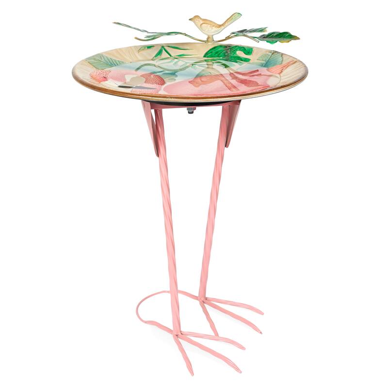 Alpine Corporation ORS876 Outdoor Metal Birdbath w/ Stylish Stand, Flamingo Pattern Birdbath Bowl and Stand, 23"H, Pink/Blue