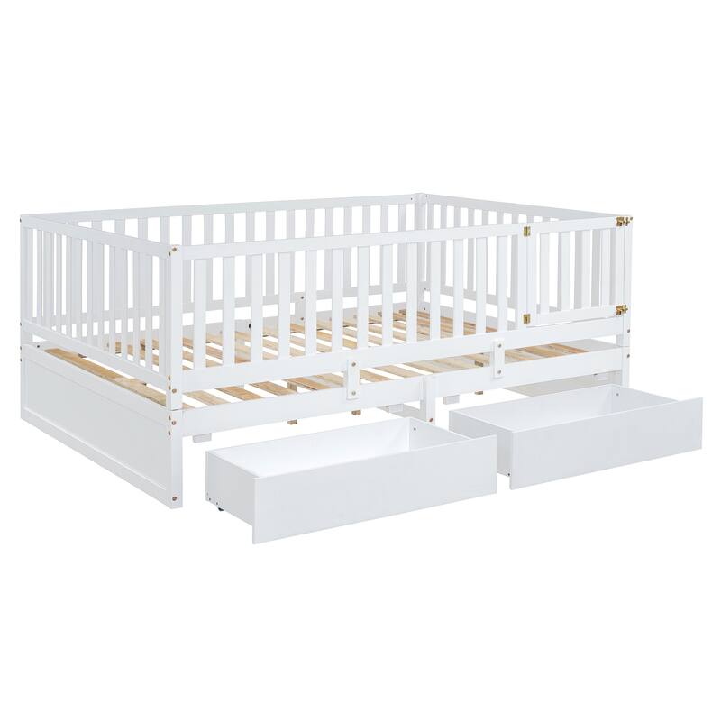 Full Size Wood Daybed with Fence Guardrails and 2 Drawers, Convertible to Floor Bed & Daybed, White