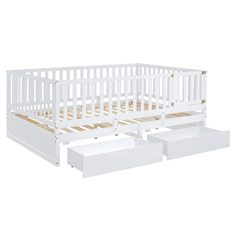 Full Size Wood Daybed with Fence Guardrails and 2 Drawers