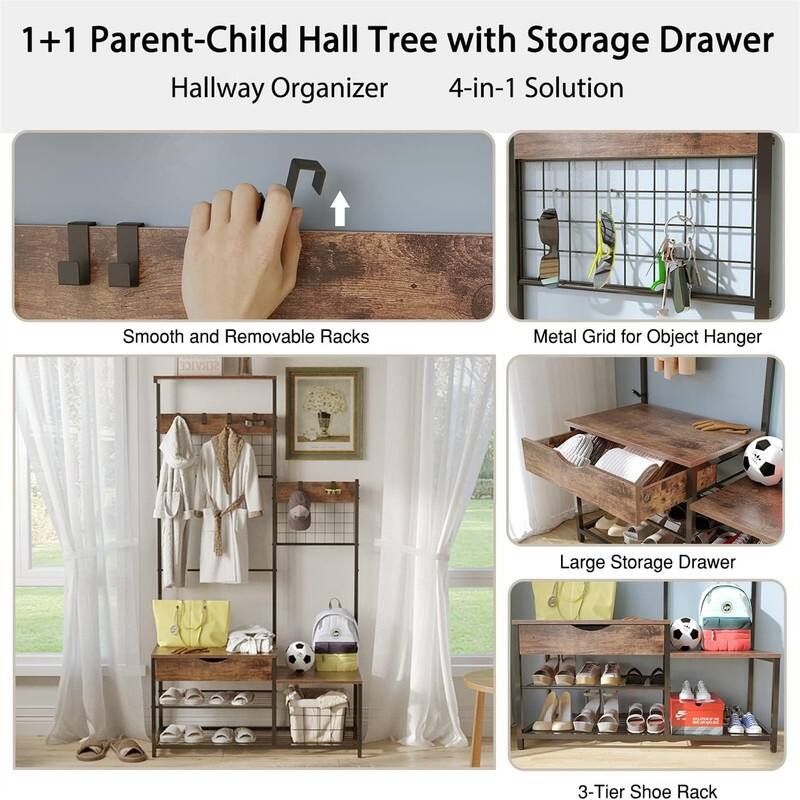 4-in-1 Hall Tree with Storage Drawer - 39.37 x 70.87 x 15