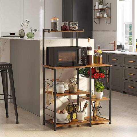 VASAGLE ALINRU Baker's Rack with Shelves, Kitchen Shelf with Wire Basket, 6 S-Hooks, Microwave Oven Stand