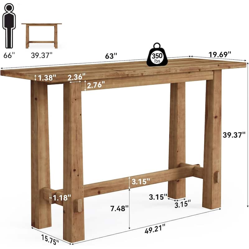 63" Long Industrial Solid Wood Bar Table for Kitchen, Home Bar, Café or Restaurant