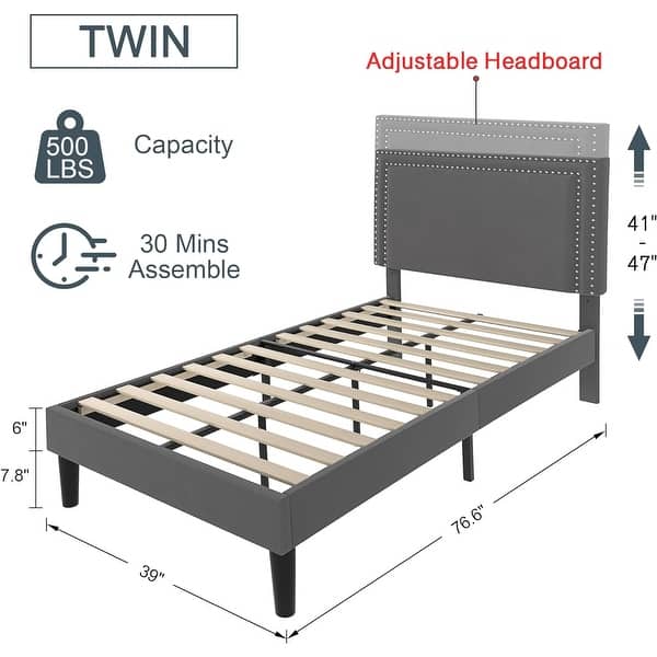 dimension image slide 15 of 30, VECELO Upholstered Bed Frames with Height Adjustable Headboard