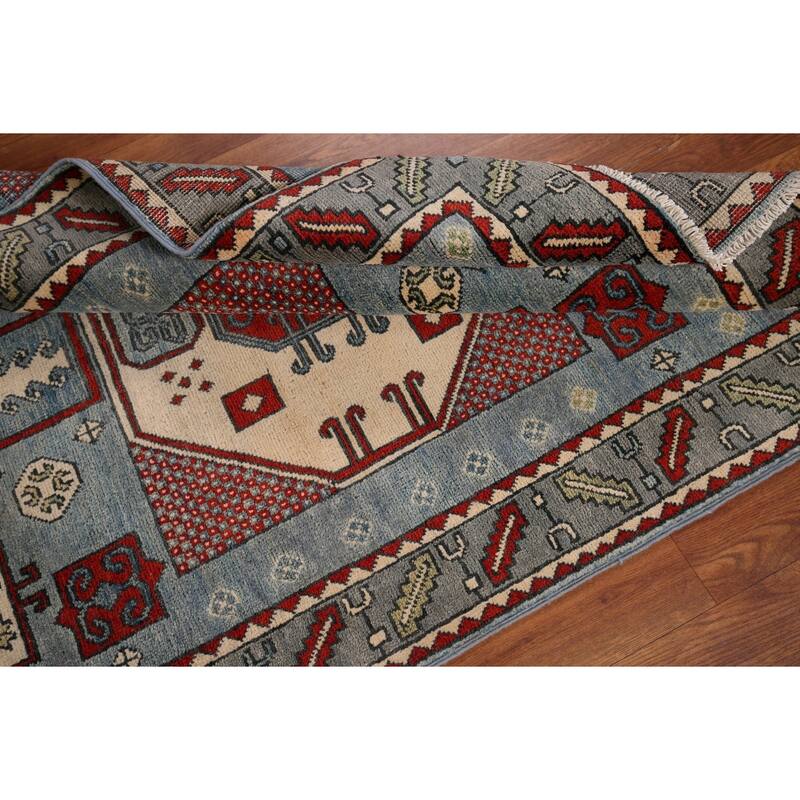 Blue Geometric Kazak Oriental Accent Rug Hand-Knotted Wool Carpet - 3'7" x 5'0"