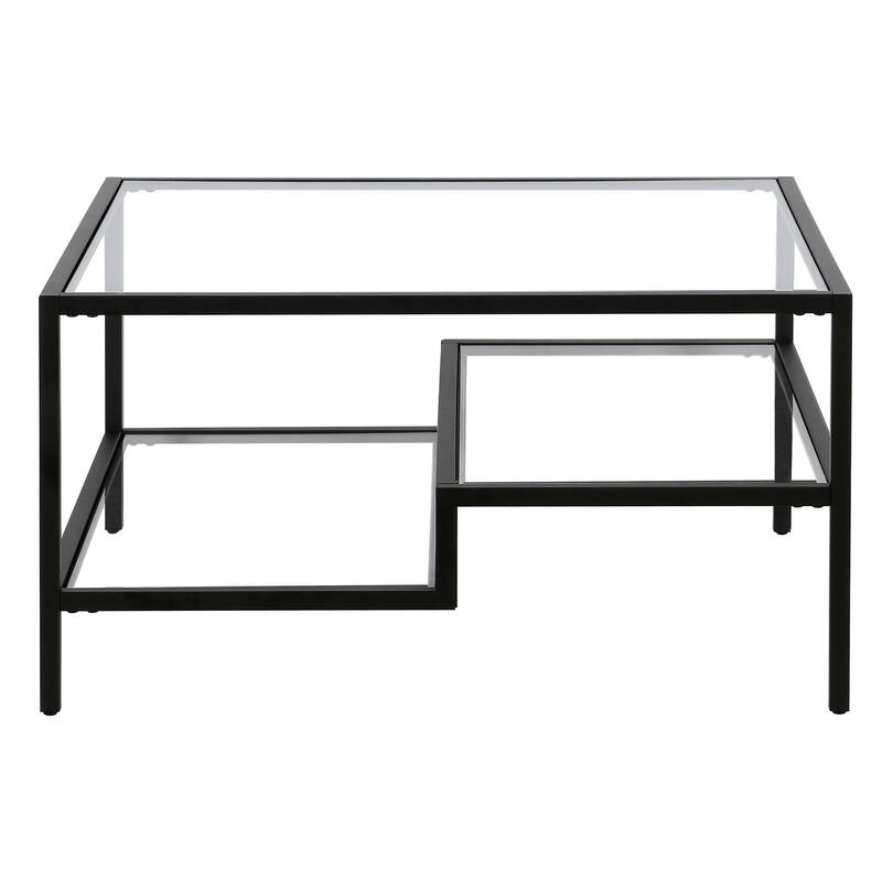 32-Inch Glass Square Coffee Table with Steel Base and Storage Shelves - 32” x 32” x 17”