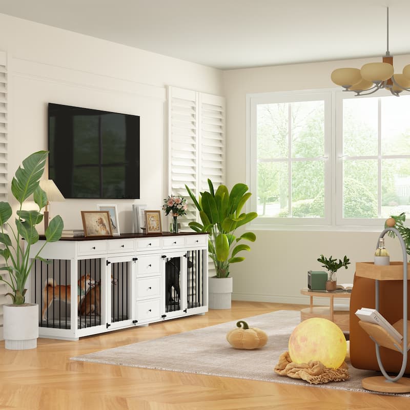 Large Dog Crate Furniture Wooden Dog Crate TV Stand Entertainmnet - 89"W
