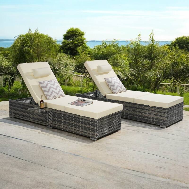 Outdoor Chaise Lounge Chair Set of 2 with Cushions and Adjustable Backrest – PE Rattan Recliners for Patio, Poolside, Garden