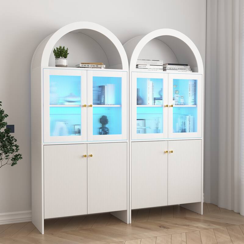 Anmytek Lighted Display Cabinet Pantry Storage with LED Dome Top Modern Home Decor