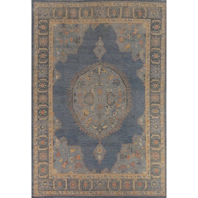 Vegetable Dye Oushak Oriental Area Rug Hand-Knotted Blue Wool Carpet - 9'4"x 12'7"