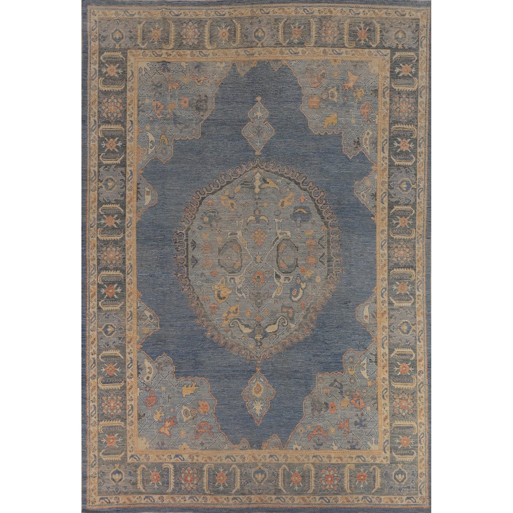 Vegetable Dye Oushak Oriental Area Rug Hand-Knotted Blue Wool Carpet - 9'4"x 12'7"
