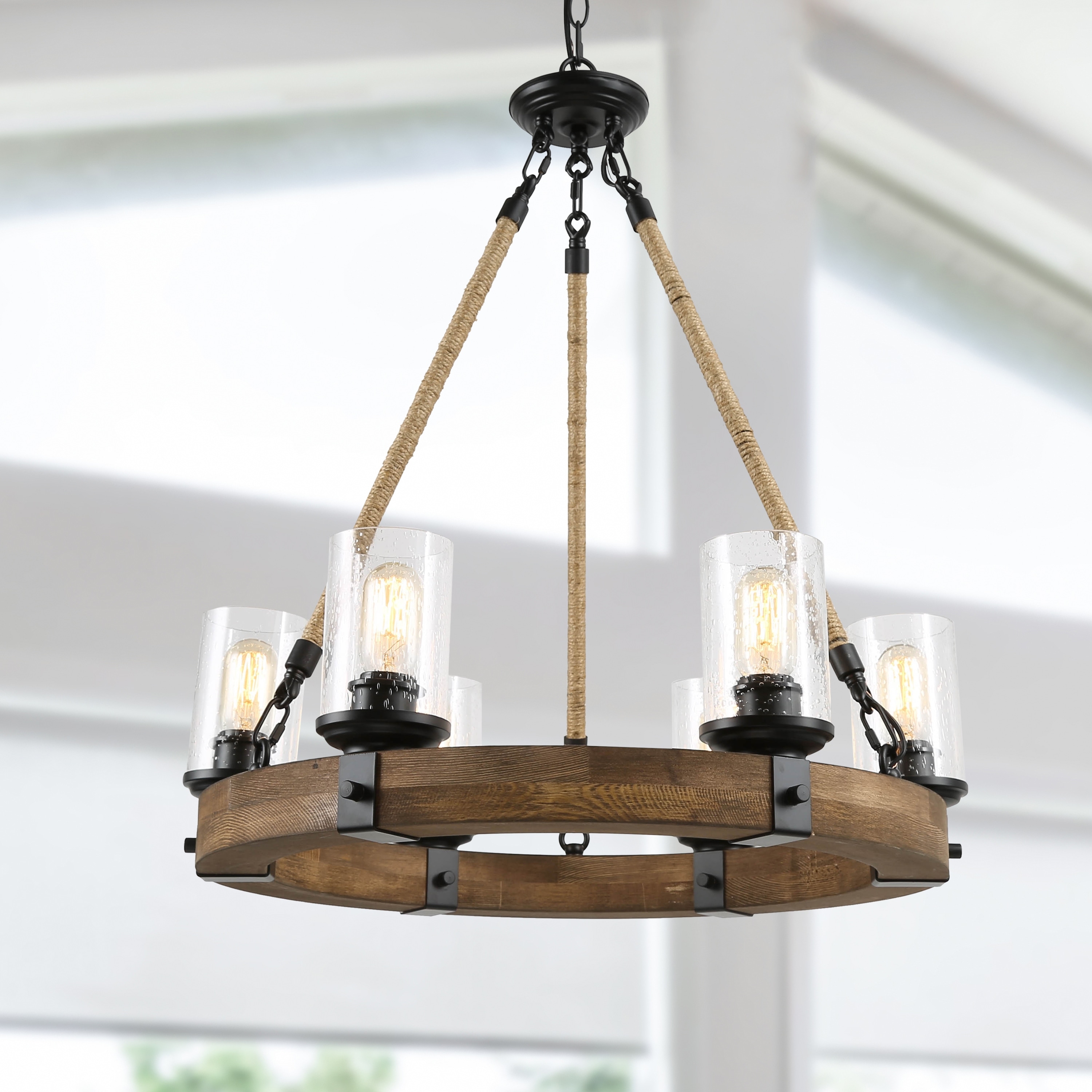 Farmhouse 6-light Wagon Wheel Solid Wood Rustic Chandelier for Dining Room  - D25