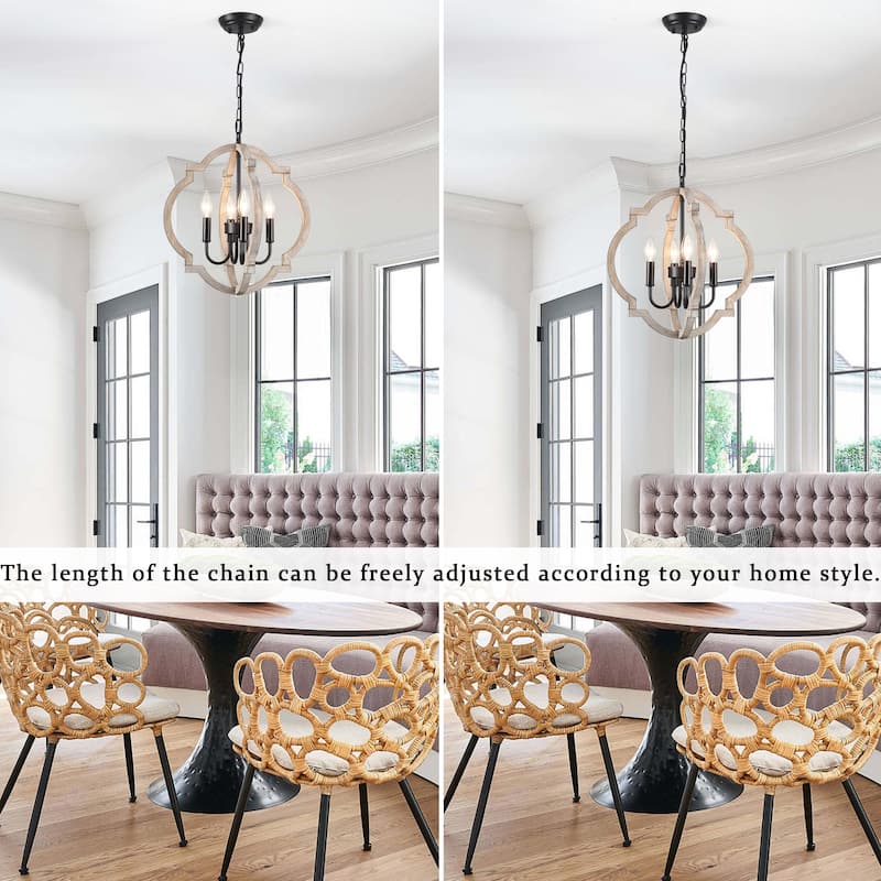 4-Light 16.33"W Wooden Lantern Rustic Chandeliers for Dining Room Kitchen