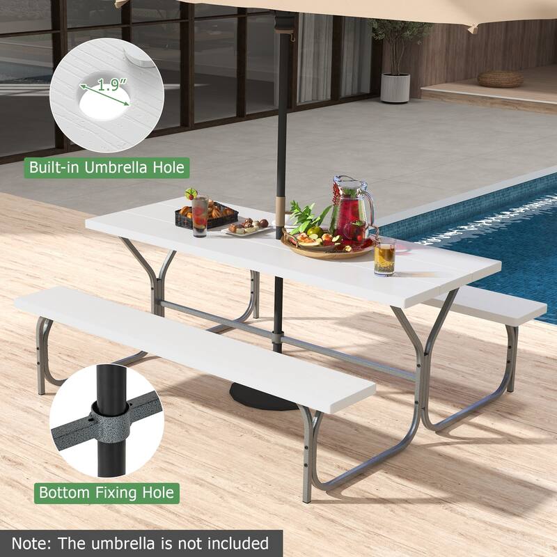 72 Inch 8-Person Outdoor Picnic Table and Bench Set with HDPE Wood-Texture Top and with Built-in Umbrella Hole