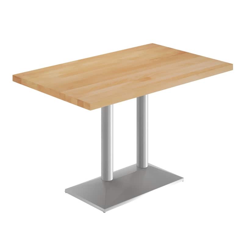 Rectangular Solid Wood Tabletop w/ 27" x 15" Two-Column Dining Height Table Base - 30"W x 48"D x 29.5"H - Natural Top/Silver Base