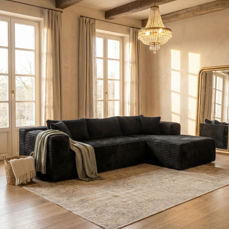 Black L-Shaped Compressed Foam Sofa – Ready-to-Use Sectional Couch with Chaise