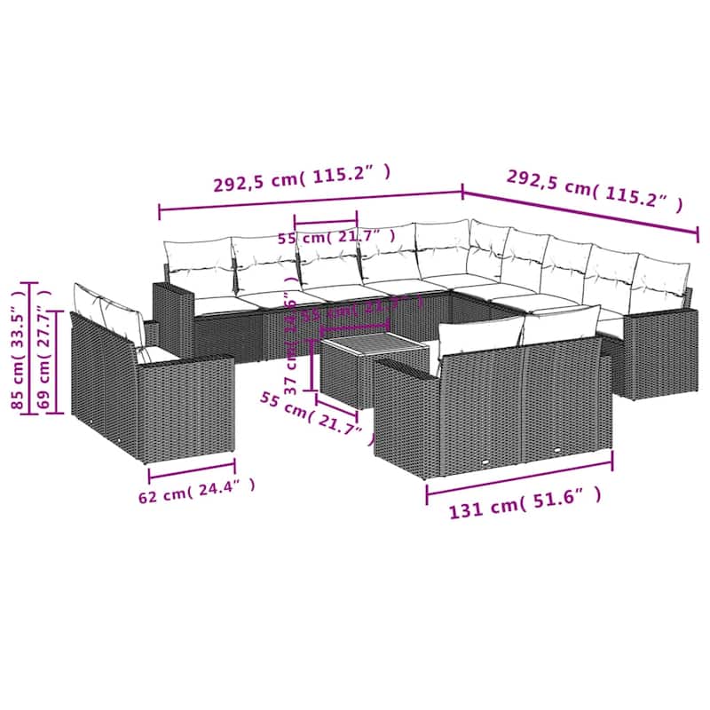 vidaXL 14 Piece Patio Sofa Set with Cushions Gray/Black Poly Rattan - 24.4" x 24.4" x 27.2"