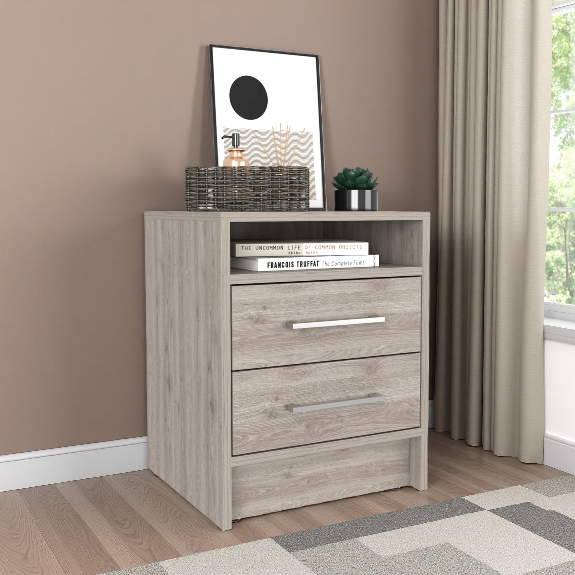 15.7"L Wood Nightstand with Two Drawers & Open Shelf, Superior Top, Metal Handles