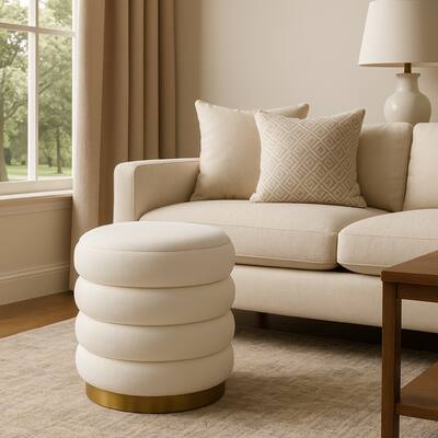 Accent Stool, 18 Inch White Fabric Upholstery, Gold Metal Base