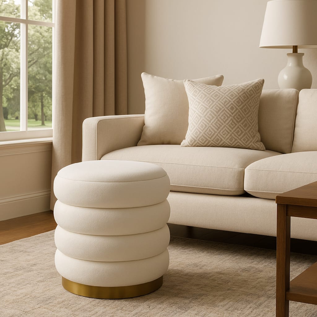 Accent Stool, 18 Inch White Fabric Upholstery, Gold Metal Base