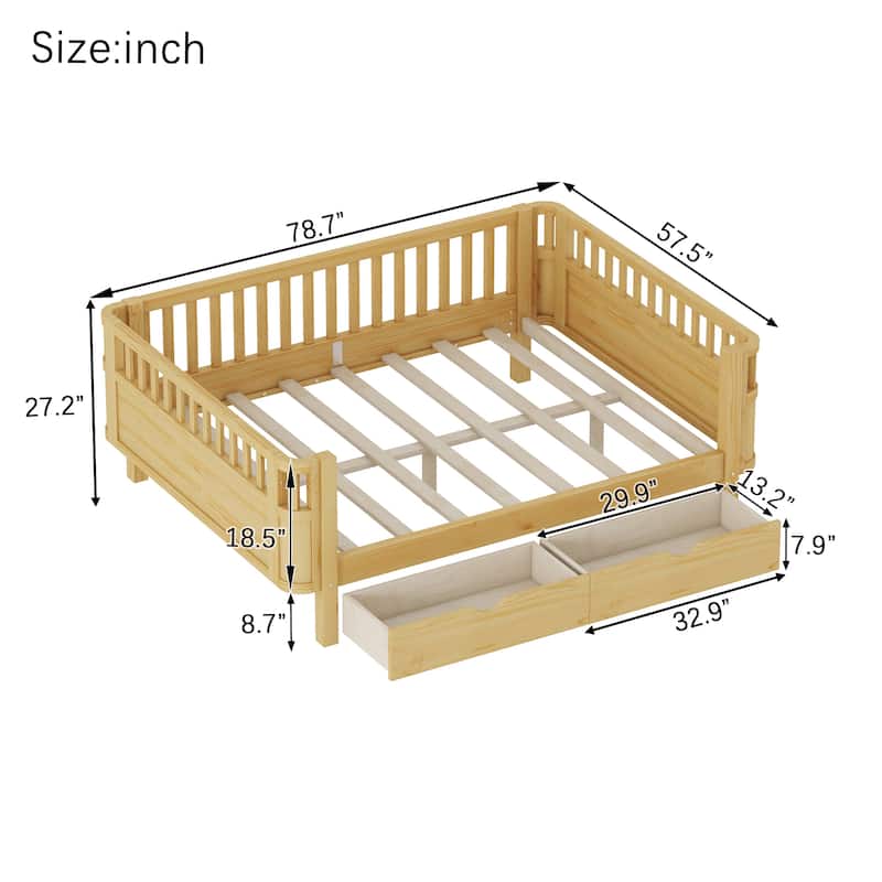 Wooden Kids Bed with 2 Storage Drawers, Guardrails and Removable Side Rail, Rounded Corners Frame Montessori Bed, Toddler Bed