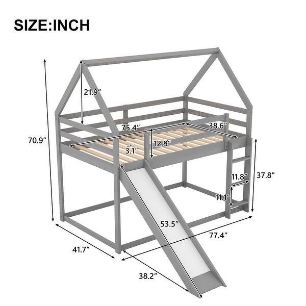 dimension image slide 1 of 2, Twin Size Bunk House Bed with Slide and Ladder,House Shape Bunk bed with Slide