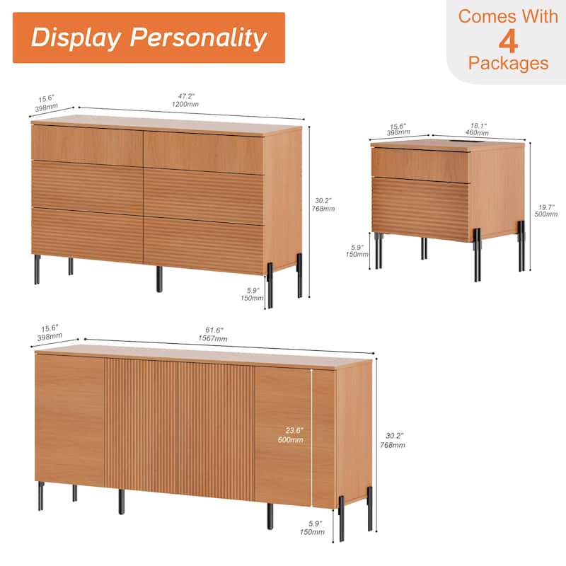 WAMPAT 4-Piece Bedroom Furniture Set, 47" Fluted 6 Drawer Dresser, 61" Buffet Sideboard, 2 Nightstand with Charging Station, Oak