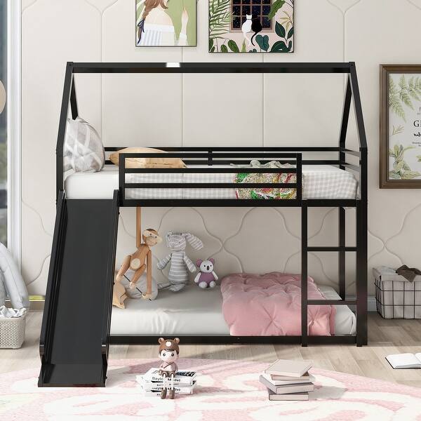 slide 2 of 15, Twin over Twin Bunk Bed Metal Frame Creativity House Bed with Ladder and Slide for Kids Teens Black