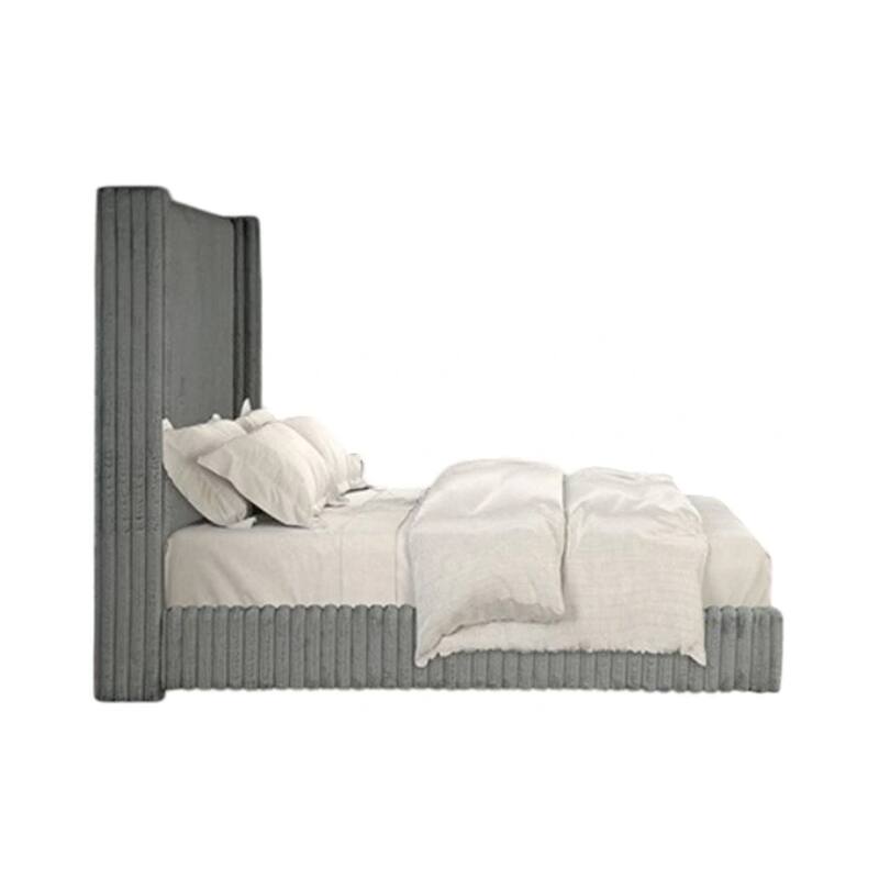 Wolo Twin Bed, Gray Fur Chenille Ribbed Upholstery, Wing Headboard