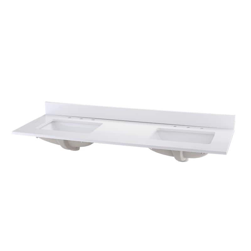 YASINU 60 inch White Quartz Vanity Top with Double Sink - White with Icy Star