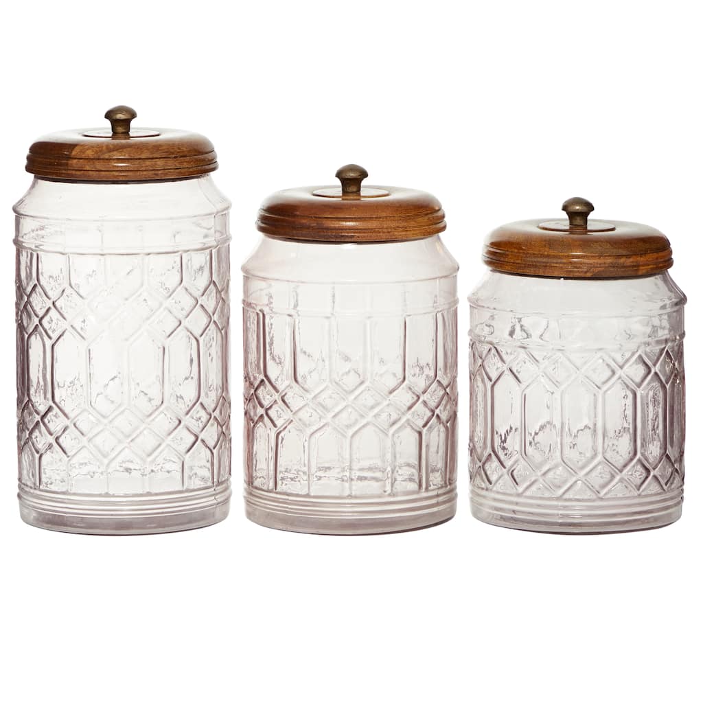 Glass Decorative Jars with Wood Lids - Set of 3 Clear - Roche River Decor - 6"W x 6"L x 11"H