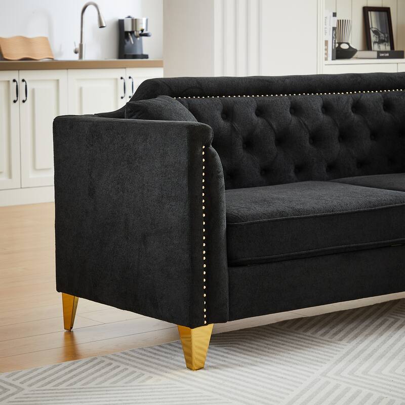 Mid-century Chenille Pull Buckle Sofa, Buttons Tufted With Copper Nail and Metal Leg