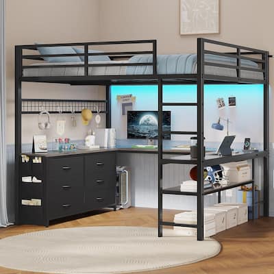 Loft Bed with Full Size U-Shaped Desk 6 Drawers Power Outlet 2 Storage Shelves