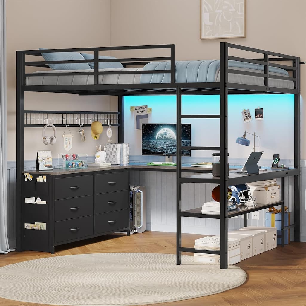 Loft Bed with Full Size U-Shaped Desk 6 Drawers Power Outlet 2 Storage Shelves