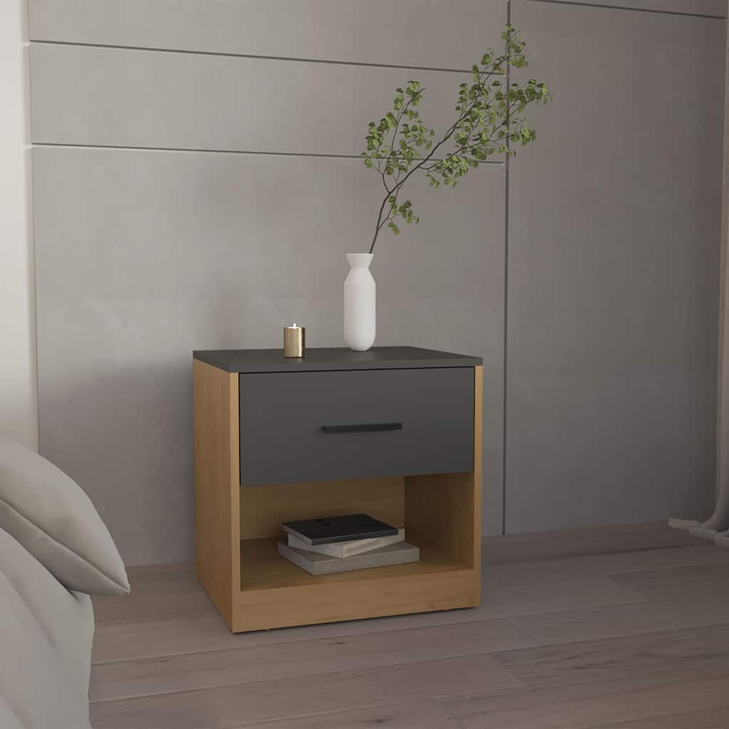 Modern Nightstand with Door and Shelf, Natural Oak and Gray Finish