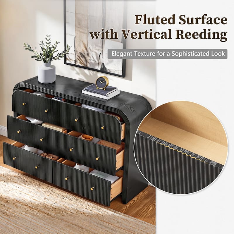 Modern Fluted 6 Drawers Dresser, Wood Chest of Drawers for Bedroom