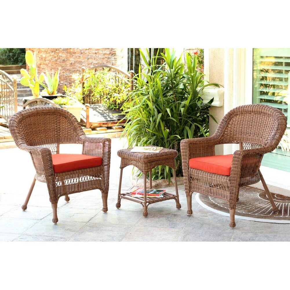 Shop 3 Piece Honey Wicker Patio Chairs And End Table Furniture Set Red Orange Cushions Brown Overstock 17414589