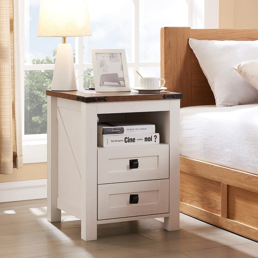 Farmhouse Nightstand with Charging Station, End Table, Side Table