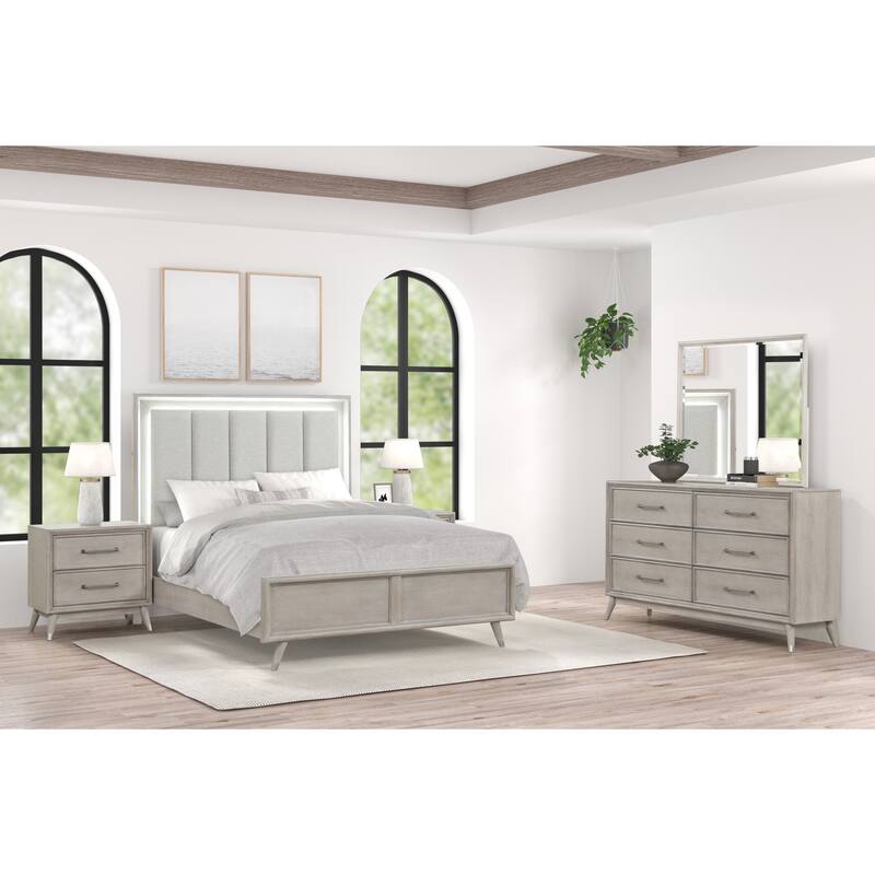Roundhill Furniture Seluna 5-Piece Bedroom Set with Touch LED Lighting, Gray Oak Finish - Queen