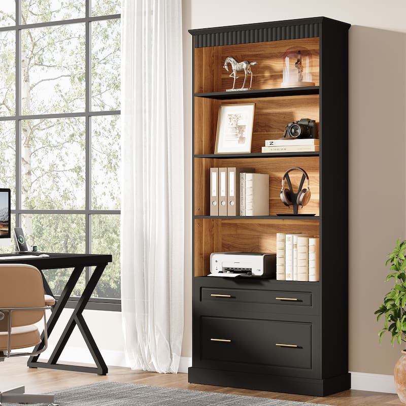 5-tier Tall Modern Wood Bookcase Bookshelf with File Cabinet Drawer - Black and Oak-1 PC