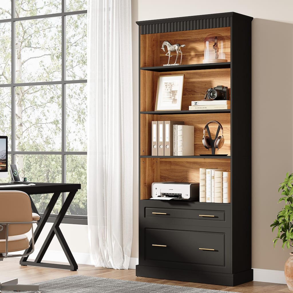 5-tier Tall Modern Wood Bookcase Bookshelf with File Cabinet Drawer