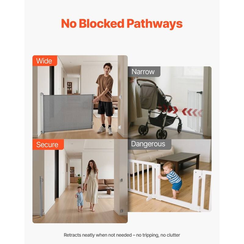 Retractable Baby Gate with Escape-Proof Bottom Hook and Mesh Design for Kids and Pets Safety