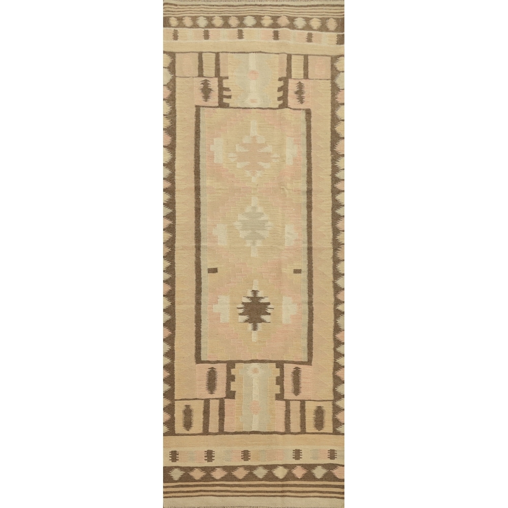 Hand Woven Oriental 100% Wool Carpet Southwestern Tribal Pink Kilim Runner Rug - 9' 2'' X 2' 7''