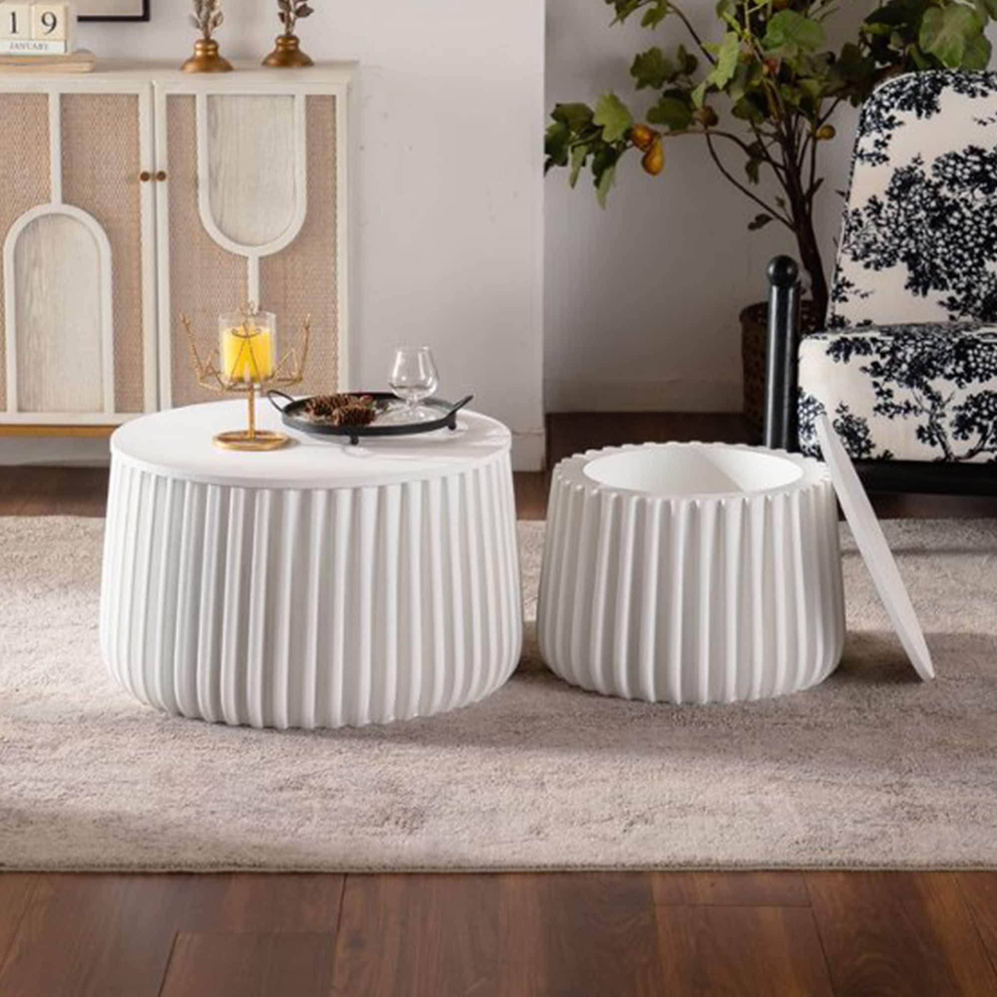 GDFStudio - Modern Round Nesting Storage Coffee Table Set with Lift-Off Lid - Cream White