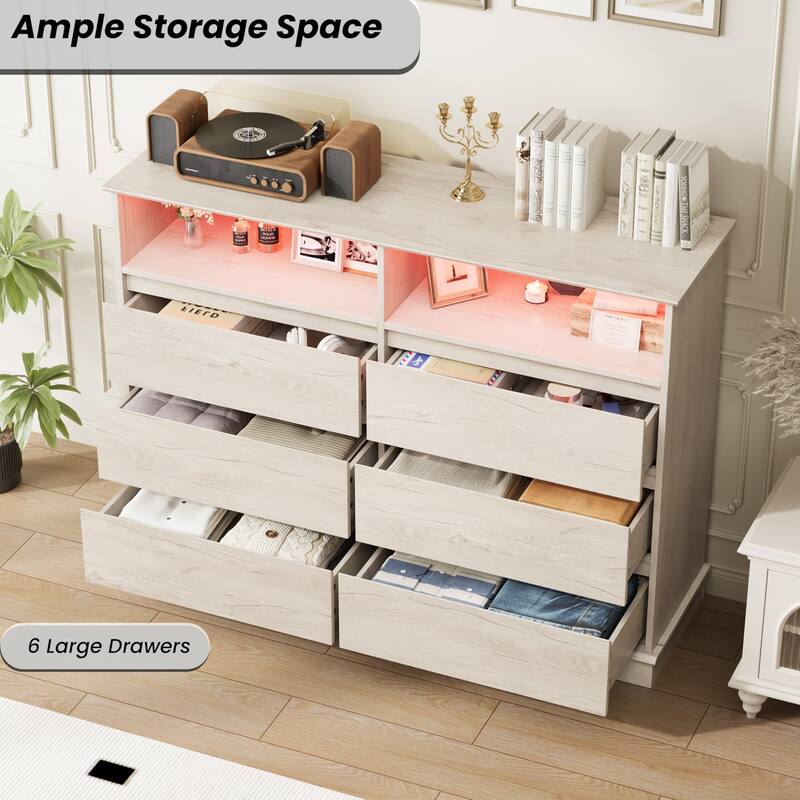 6 Drawer Dresser with LED Lights & Charging Station, Modern Chest of Drawers with Open Shelf