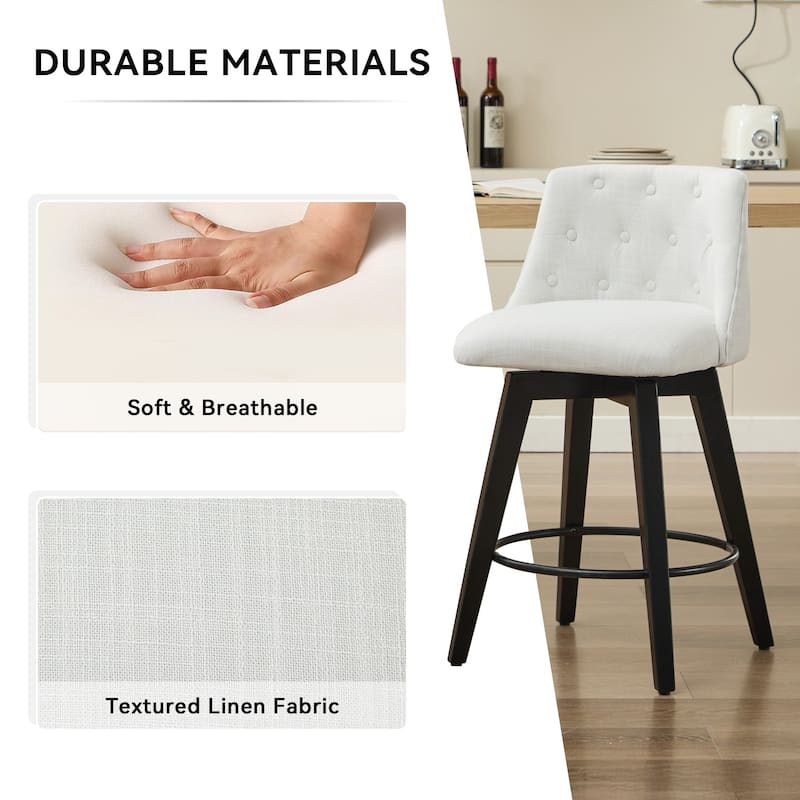 Modern Linen Swivel Bar Stools with Tufted Back,Wood Frame (Set of 2)